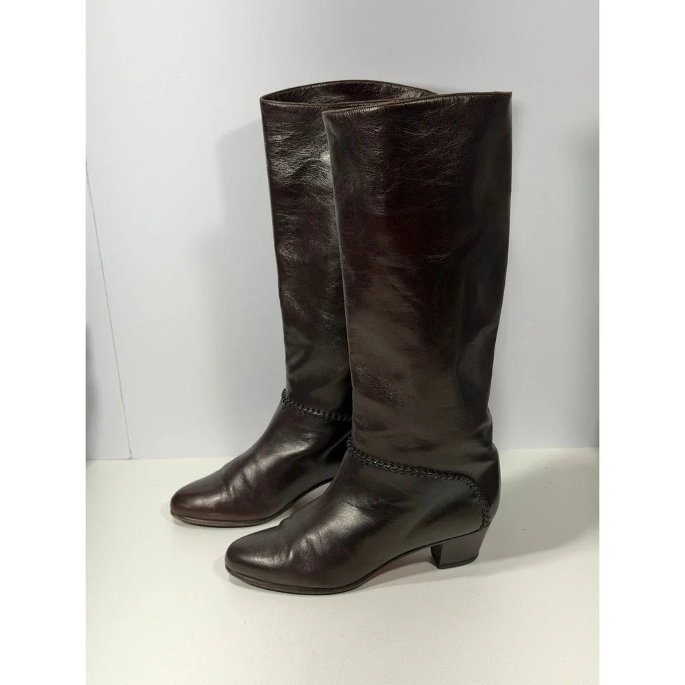 Vero Cuoio Dark Brown Leather Knee High Boots Braided Trim Italy EU 39 US 8.5